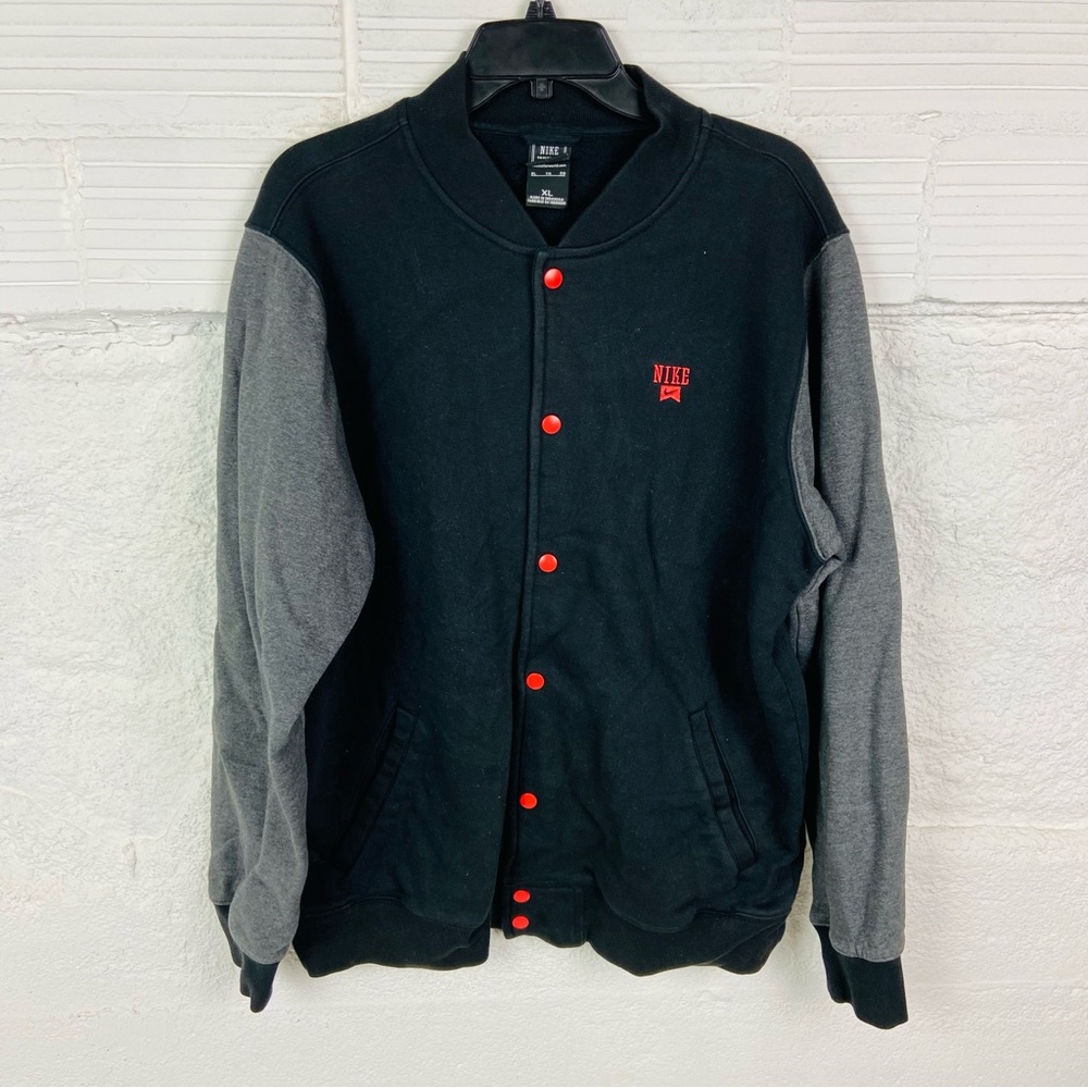 Nike Men's Black and Gray Varsity Jacket with Red Accents size XL